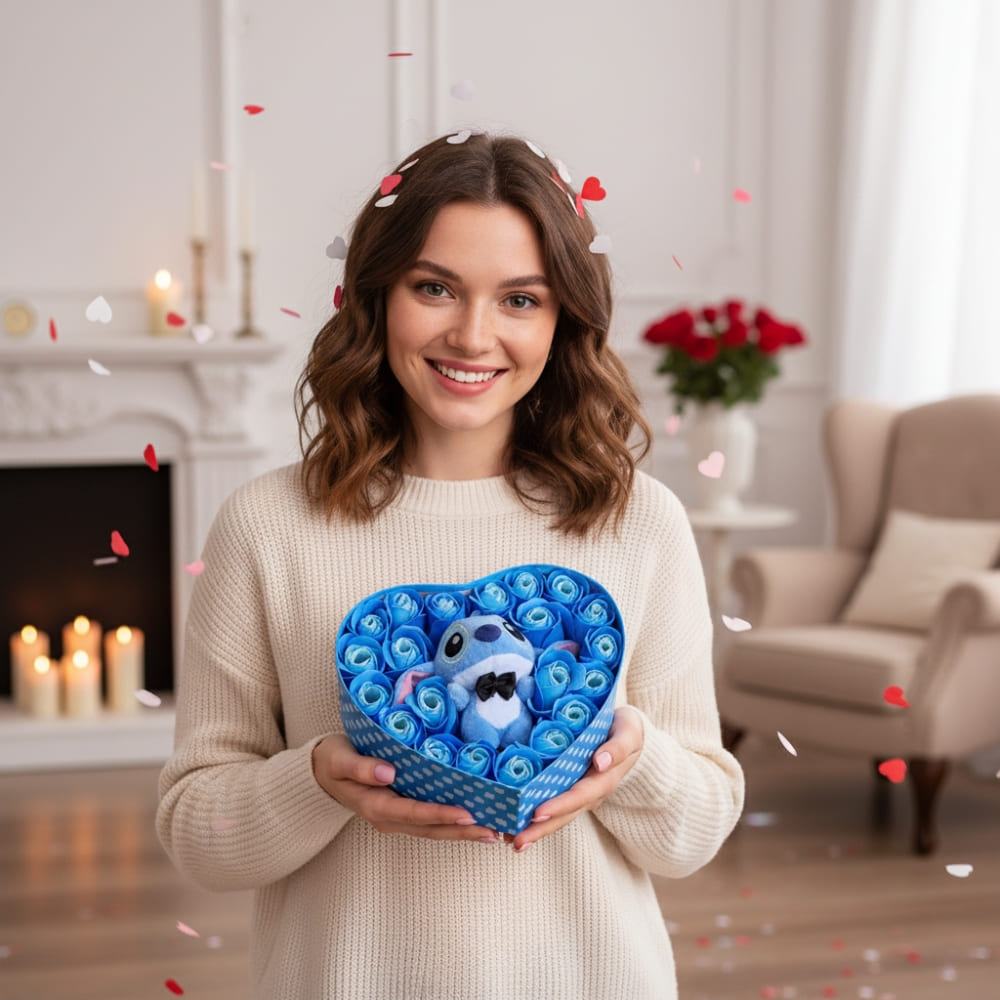 Stitch Herz-Geschenkbox mit blauen Rosen & Mini-Plüsch 6 cm