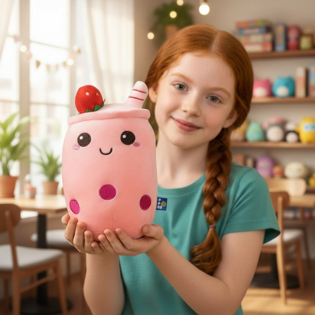Kawaii Erdbeer Bubble Tea Kuschelkissen 23–35 cm