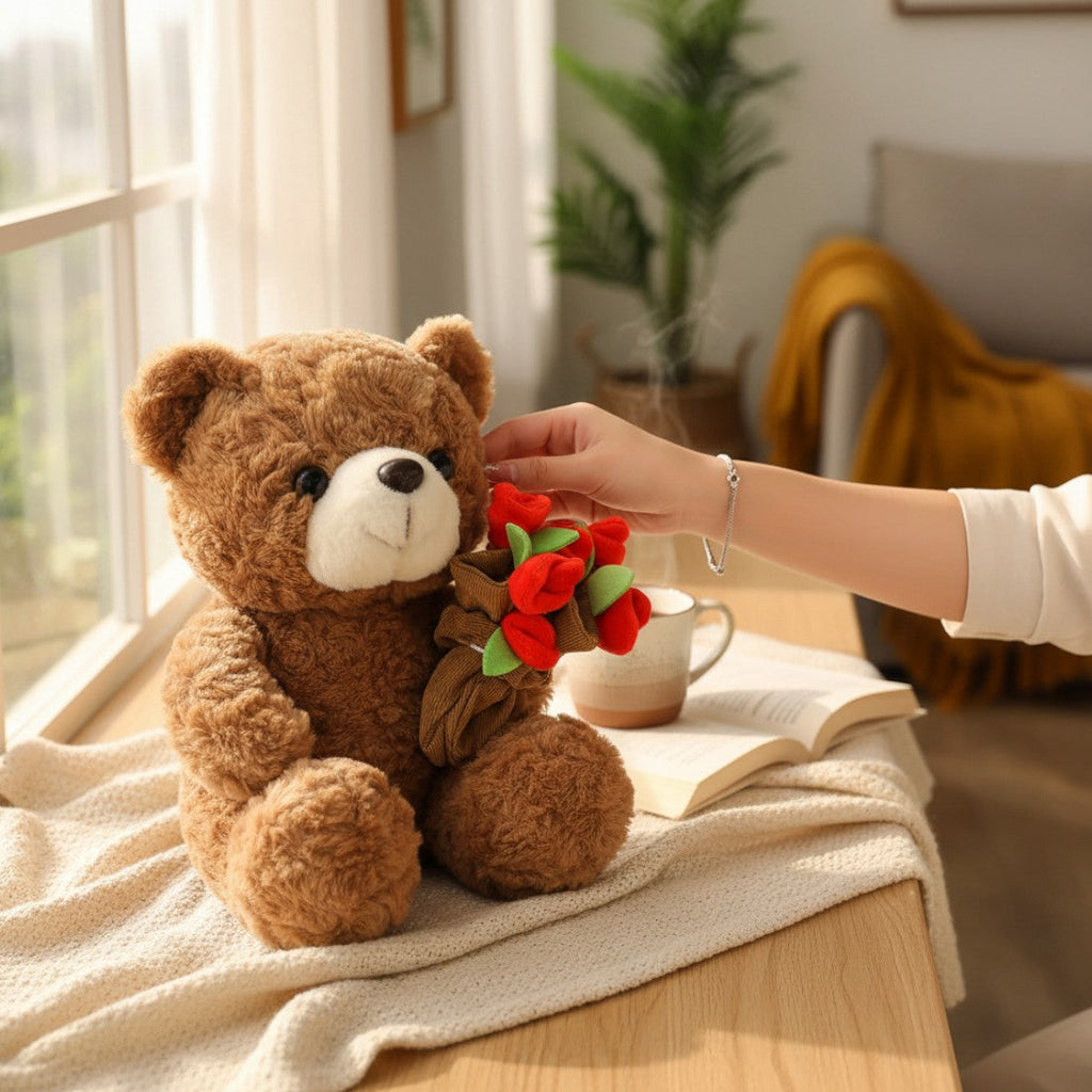 Romantischer Teddybär mit Blumenstrauß 15–25 cm