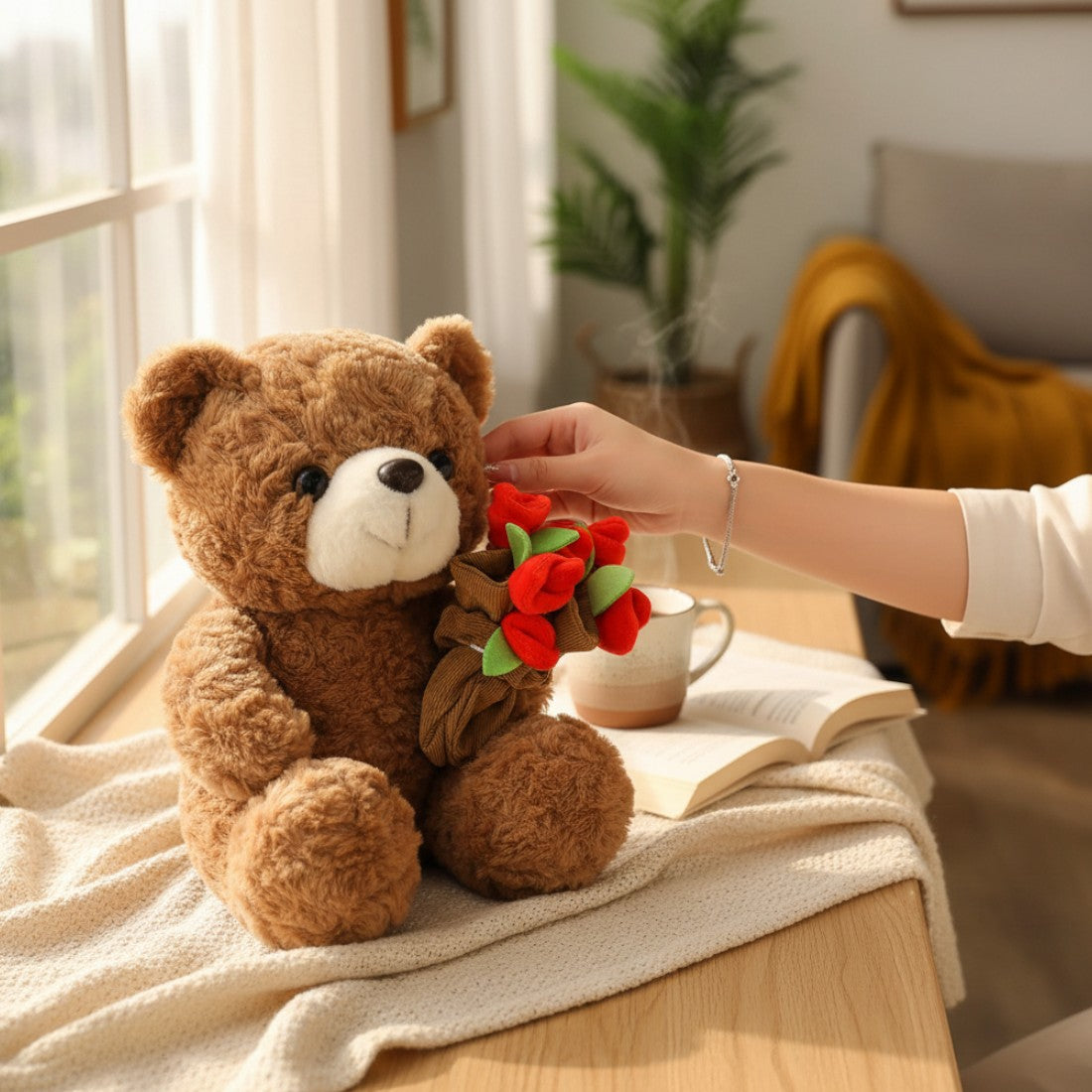 Romantischer Teddybär mit Blumenstrauß 15–25 cm