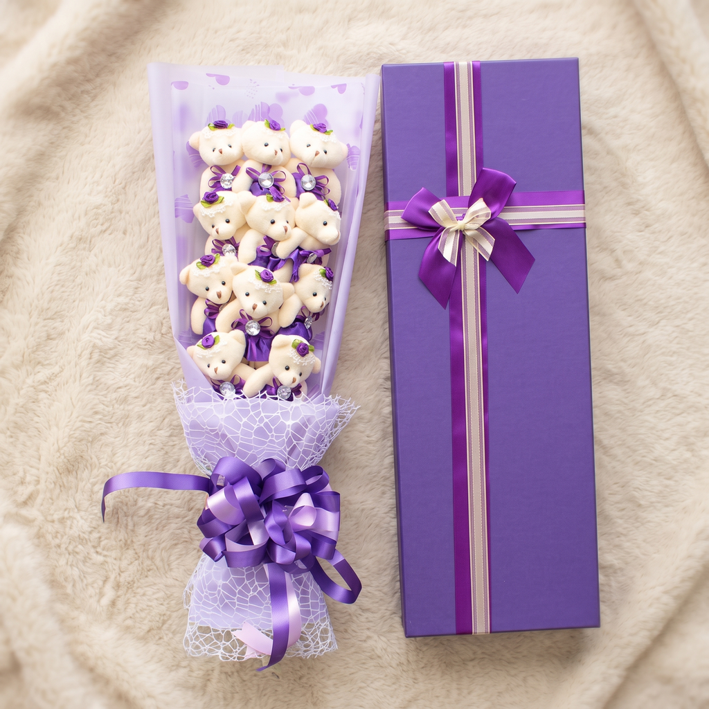 Teddybär Bouquet Weiß mit violetter Geschenkbox