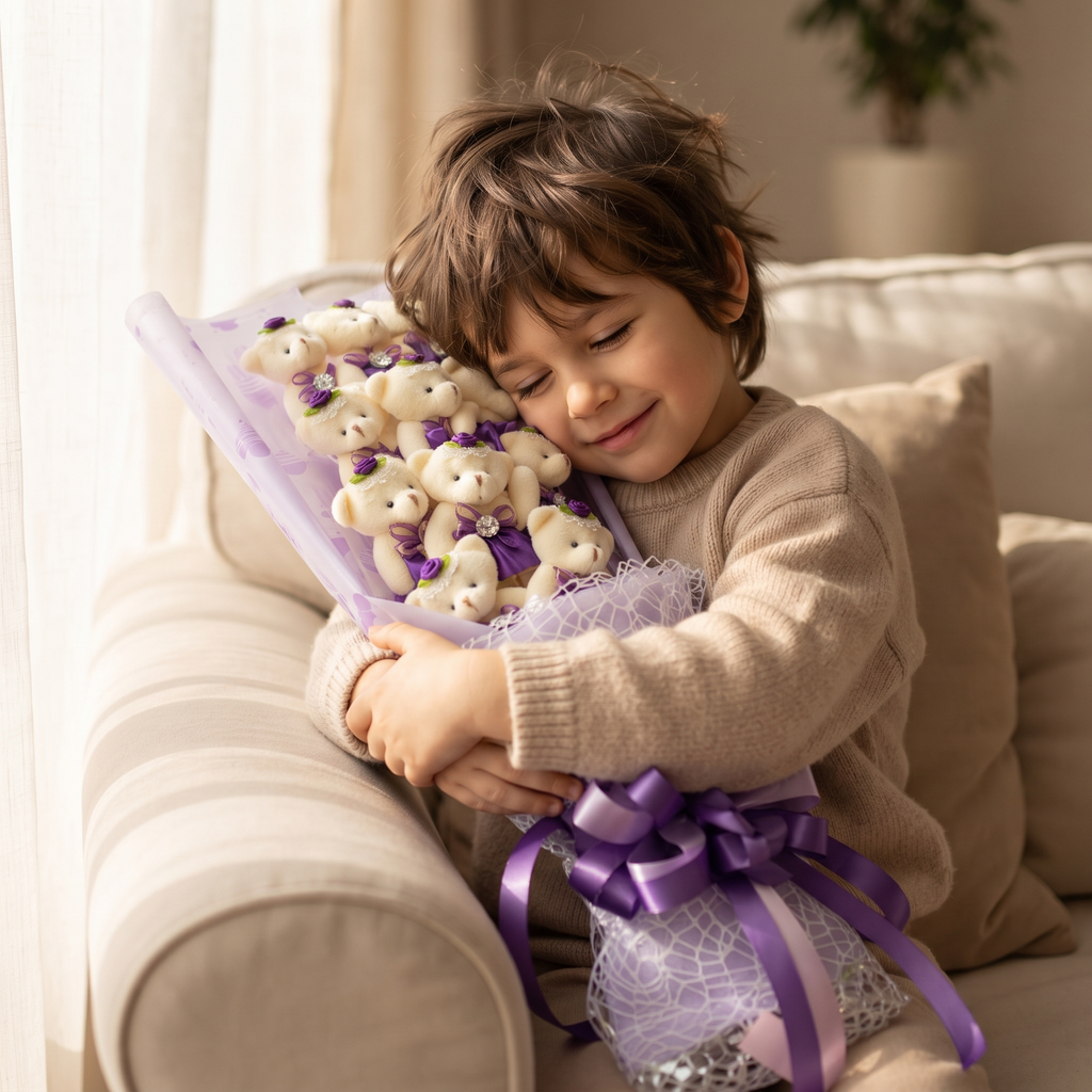 Teddybär Bouquet Weiß mit violetter Geschenkbox