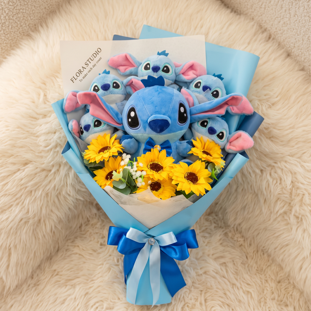 Stitch Plüsch-Bouquet mit Blumen