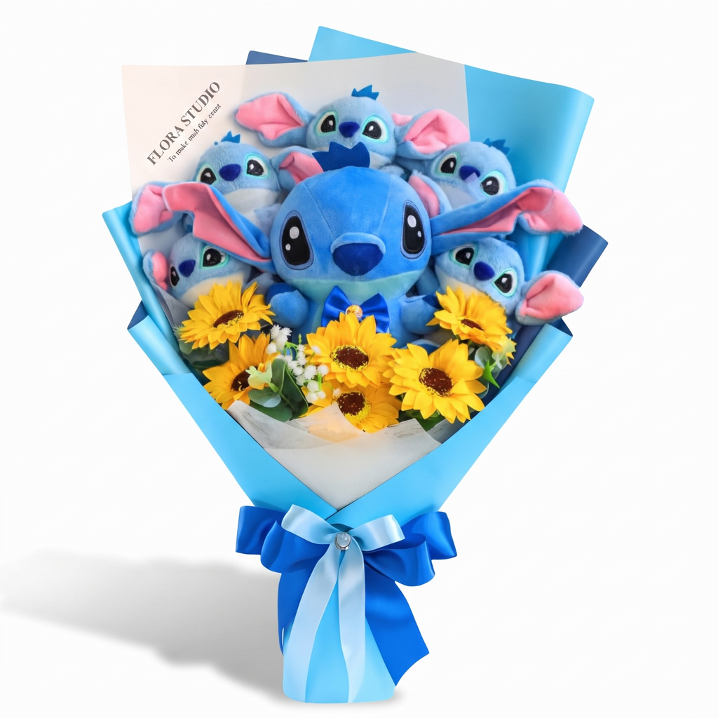 Stitch Plüsch-Bouquet mit Blumen