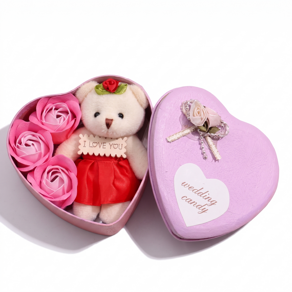 Teddybär Herz-Geschenkbox mit Stoffrosen 6 cm