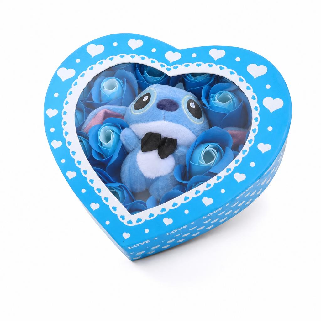 Stitch Herz-Geschenkbox mit blauen Rosen & Mini-Plüsch 6 cm