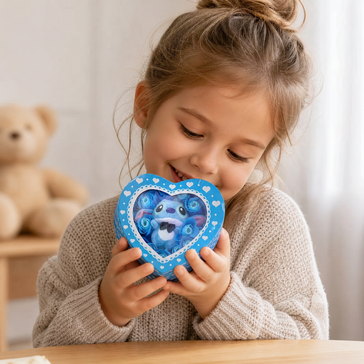 Stitch Herz-Geschenkbox mit blauen Rosen & Mini-Plüsch 6 cm