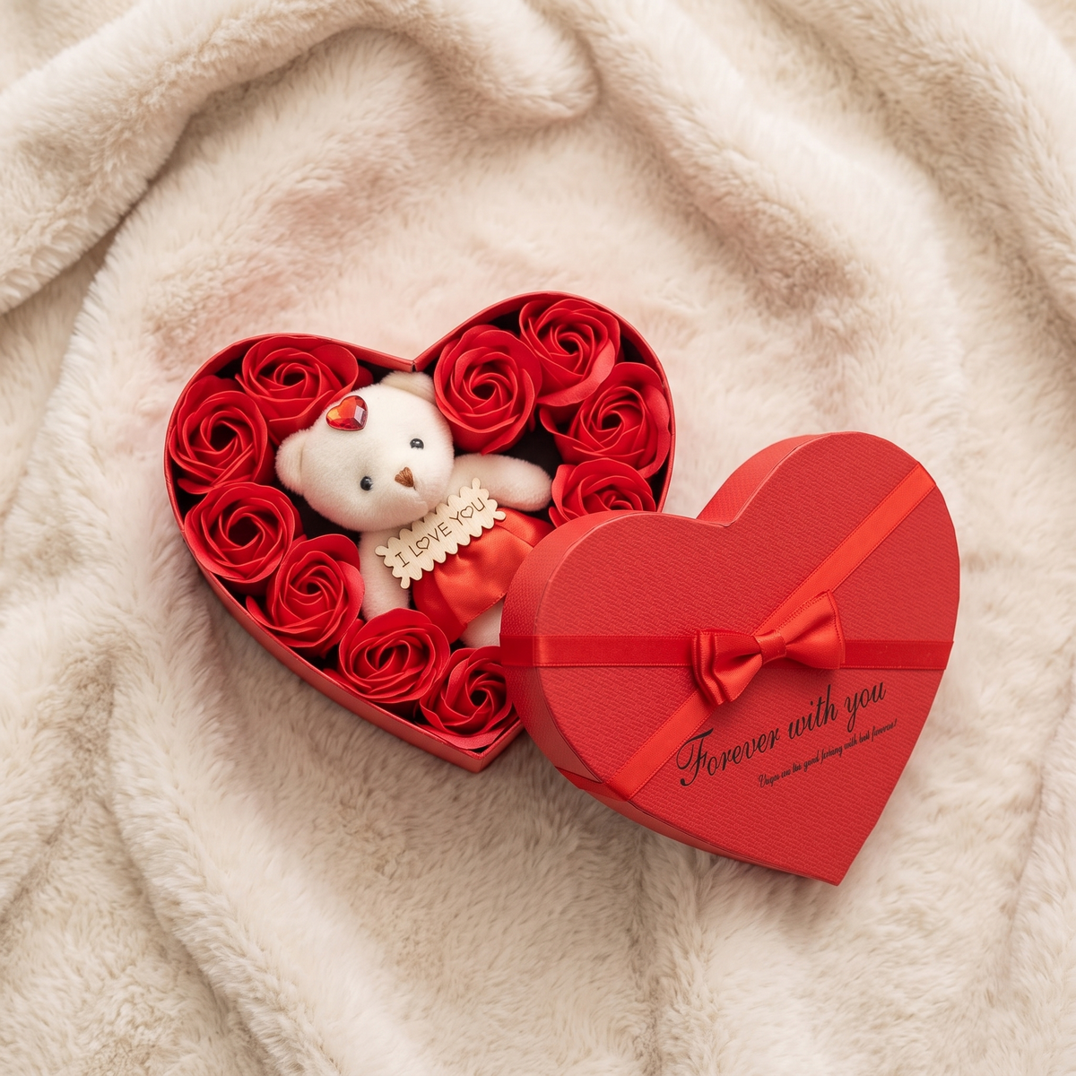 Geschenkbox mit Teddybär & Rosen 17 cm