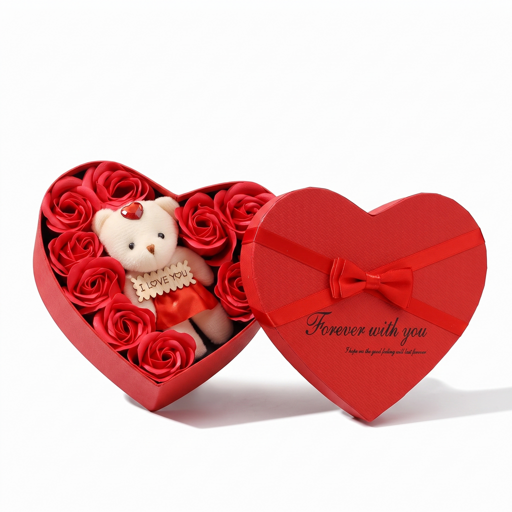Geschenkbox mit Teddybär & Rosen 17 cm