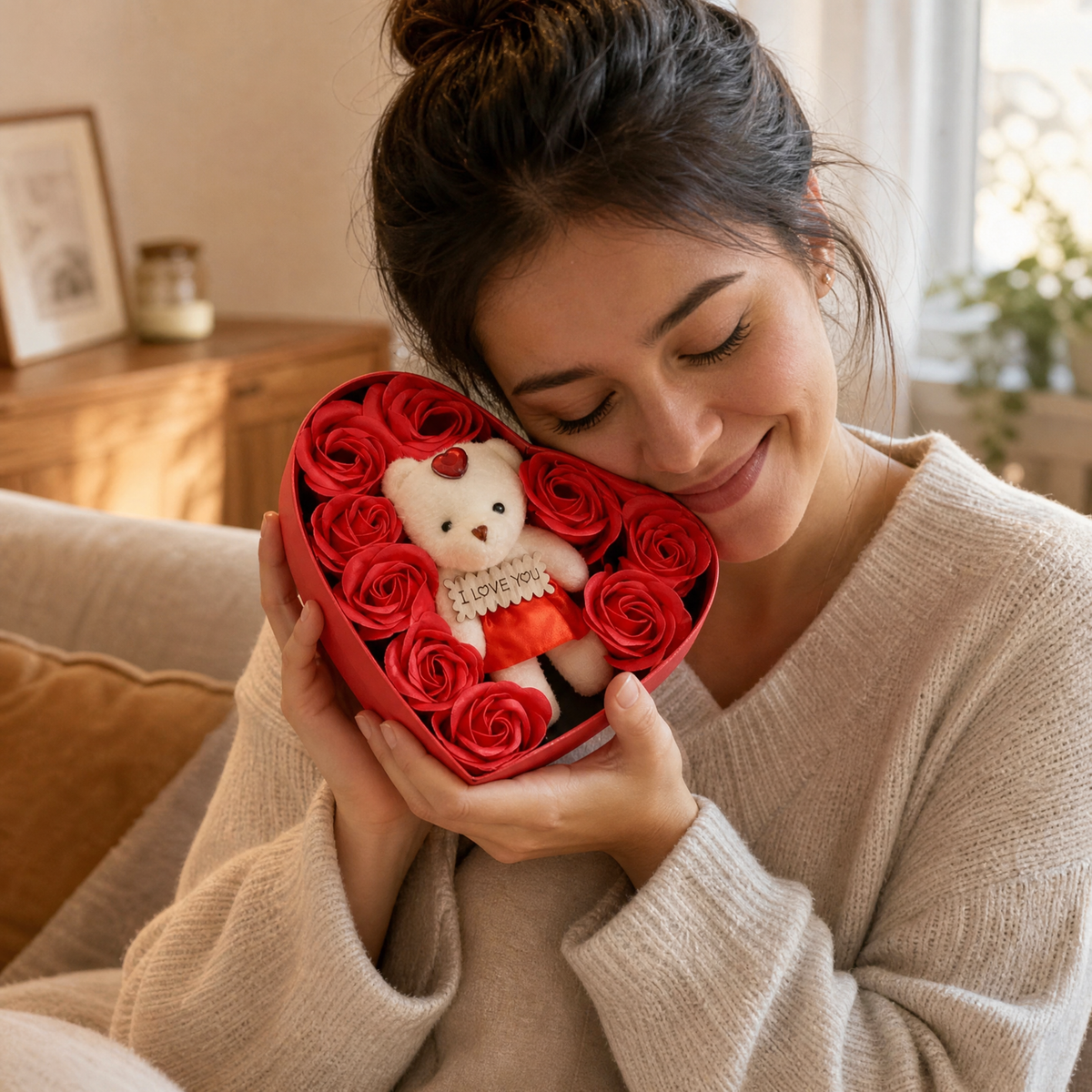 Geschenkbox mit Teddybär & Rosen 17 cm