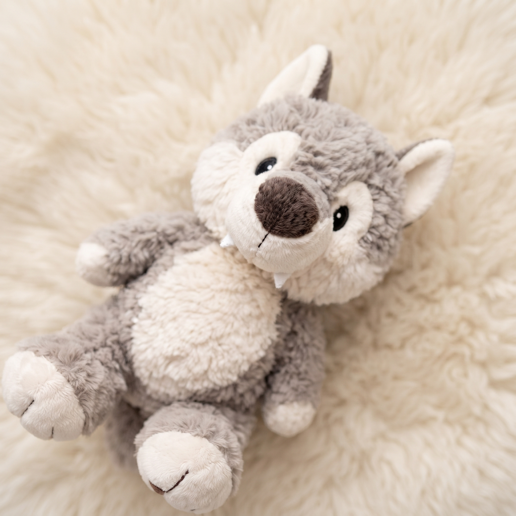 Sitzendes graues Wolf Kuscheltier