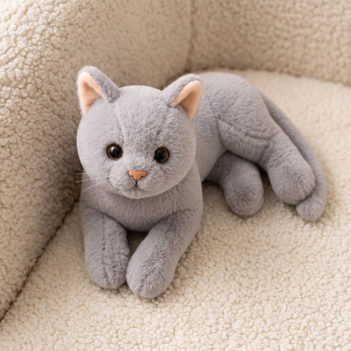 Liegendes graues Katzen Kuscheltier