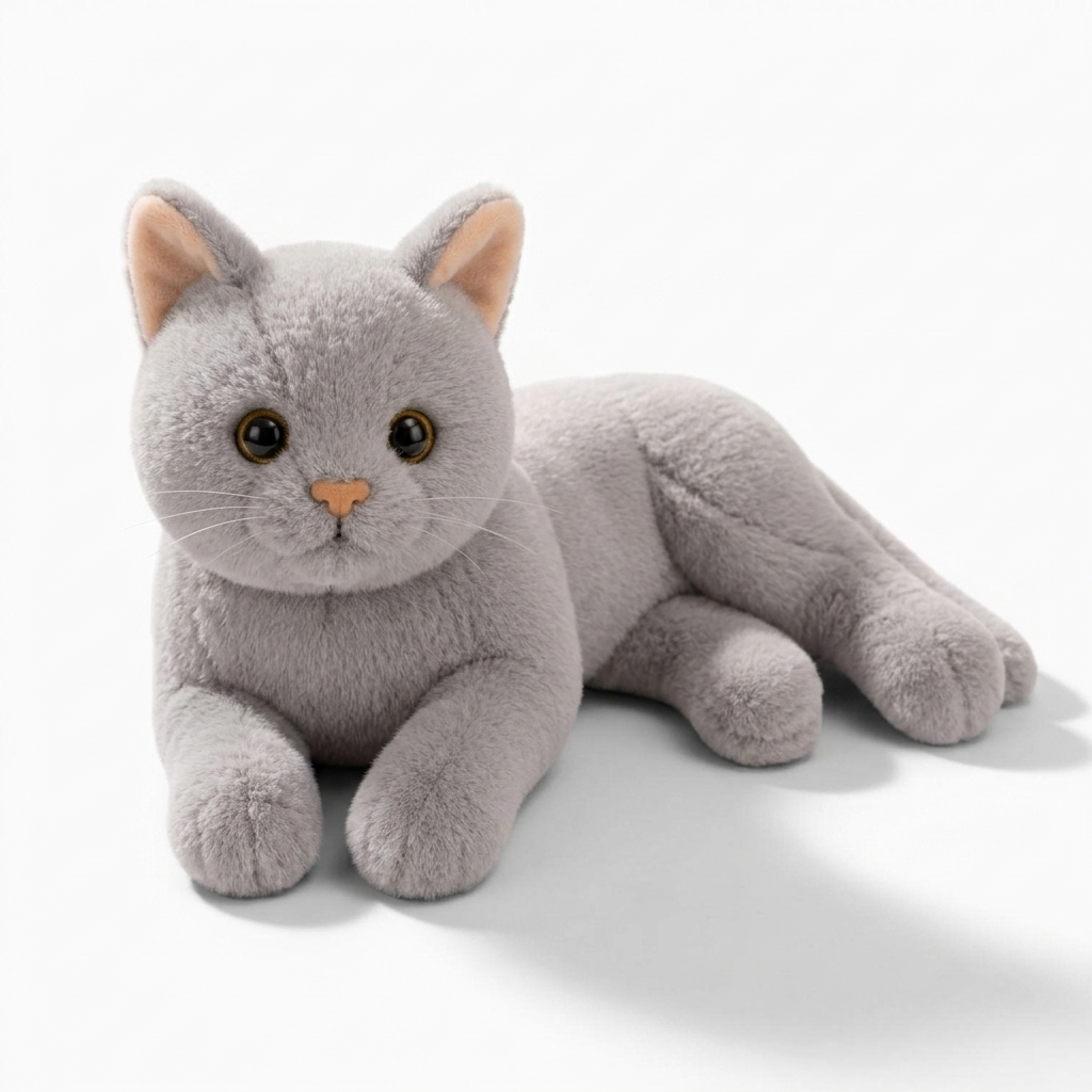 Liegendes graues Katzen Kuscheltier