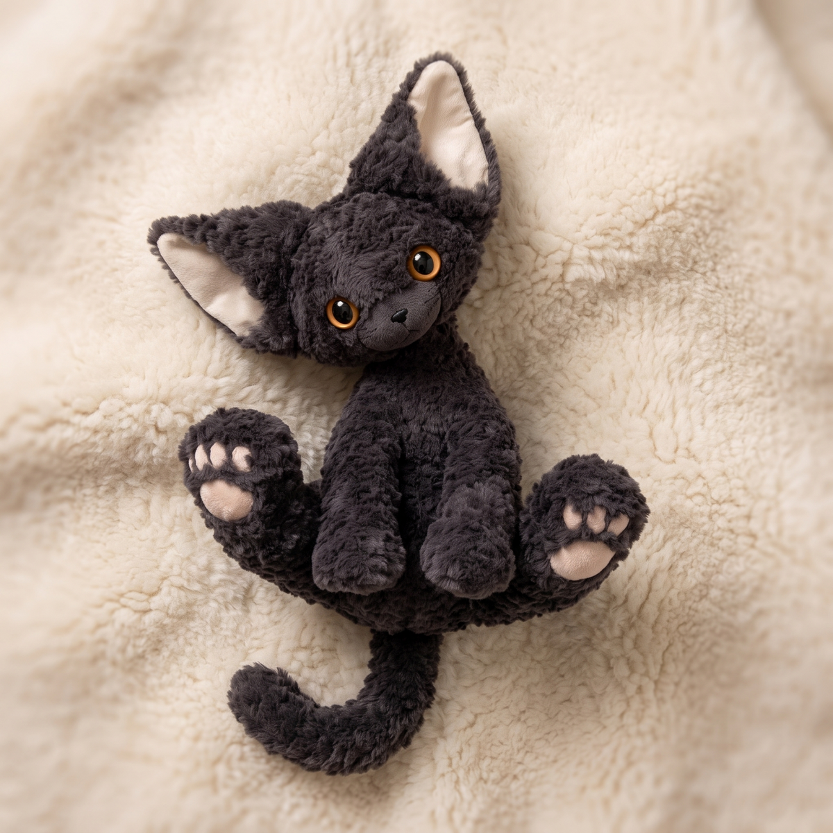 Schwarzes Katzen Kuscheltier mit Lockenfell