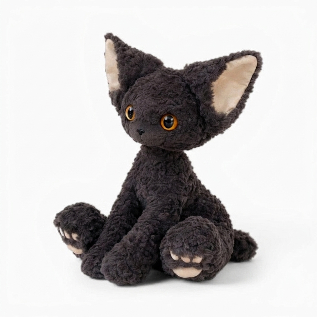 Schwarzes Katzen Kuscheltier mit Lockenfell