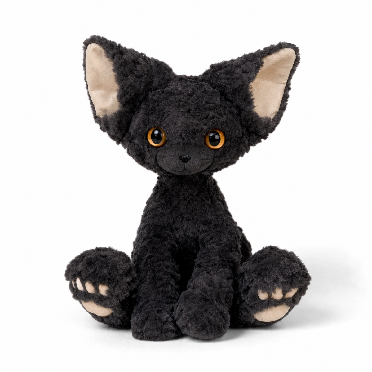 Schwarzes Katzen Kuscheltier mit Lockenfell