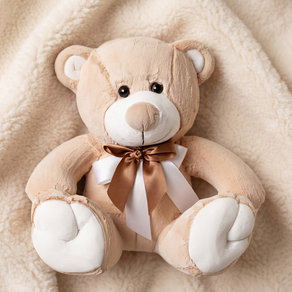 Teddybär Beige-Weiß mit goldener Schleife 33 cm