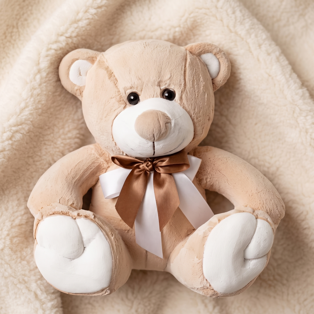 Teddybär Beige-Weiß mit goldener Schleife 33 cm