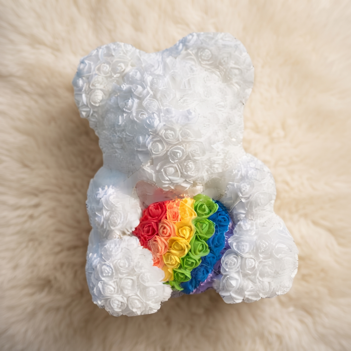 Rosenbär Weiß mit Regenbogen-Herz 40 cm