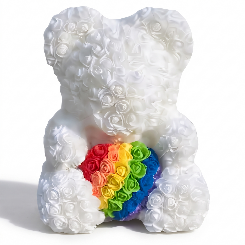 Rosenbär Weiß mit Regenbogen-Herz 40 cm