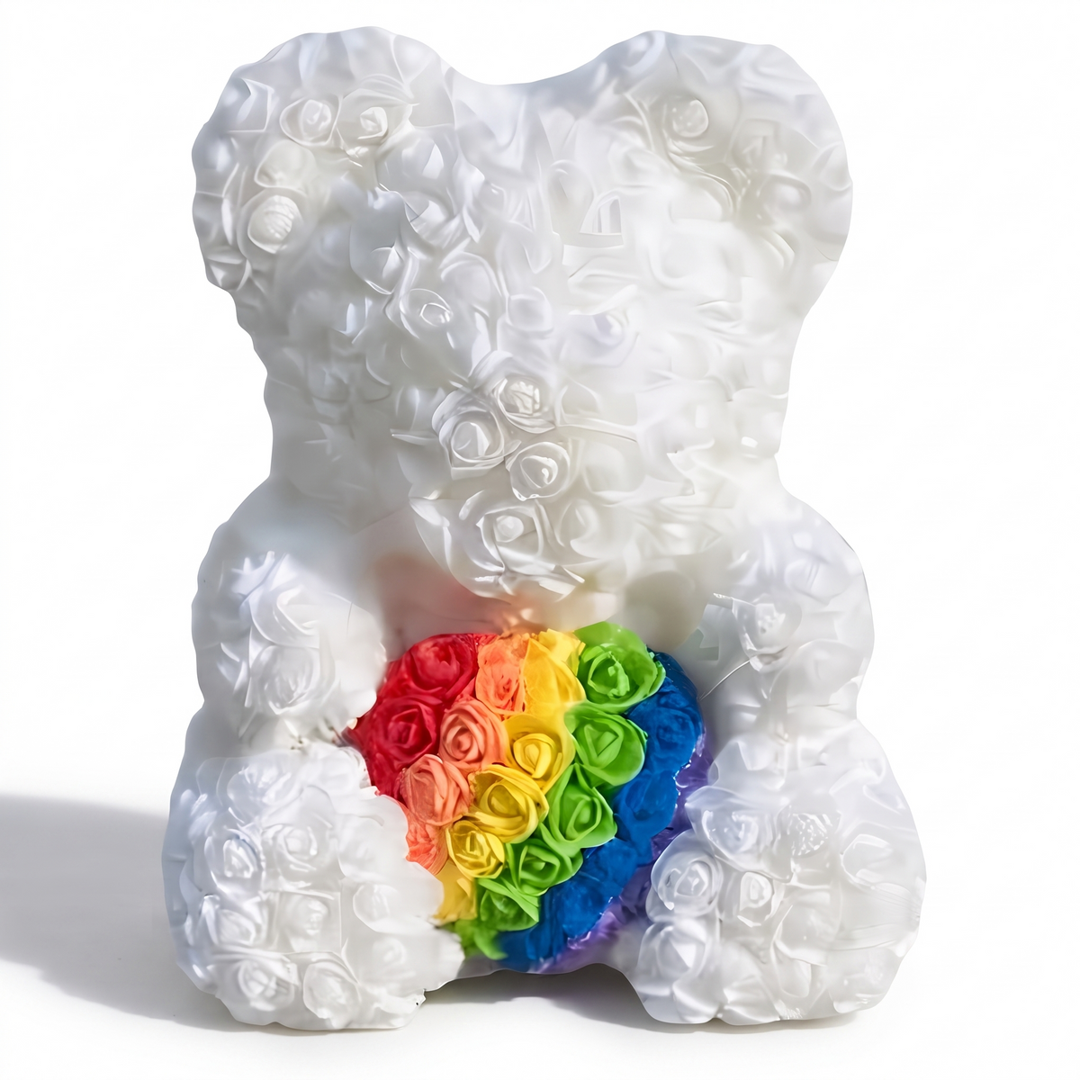 Rosenbär Weiß mit Regenbogen-Herz 40 cm