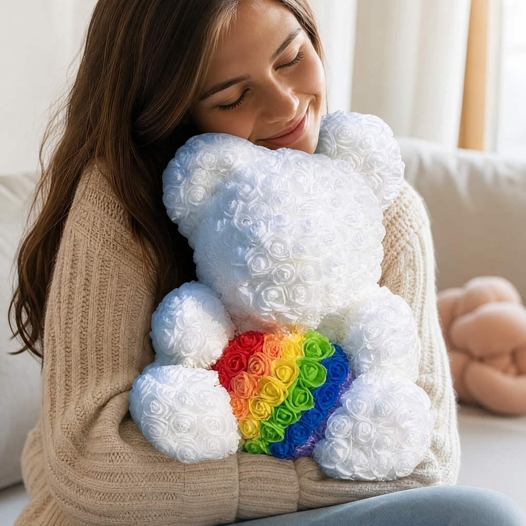 Rosenbär Weiß mit Regenbogen-Herz 40 cm