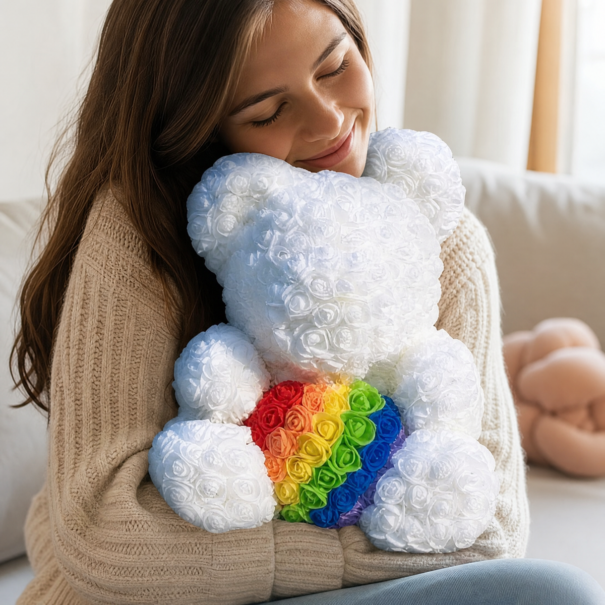 Rosenbär Weiß mit Regenbogen-Herz 40 cm