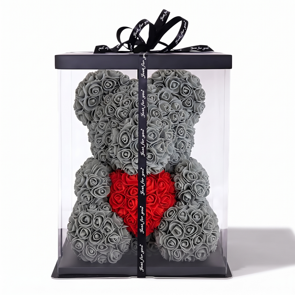 Rosenbär Grau mit rotem Herz im Geschenkbox 40 cm