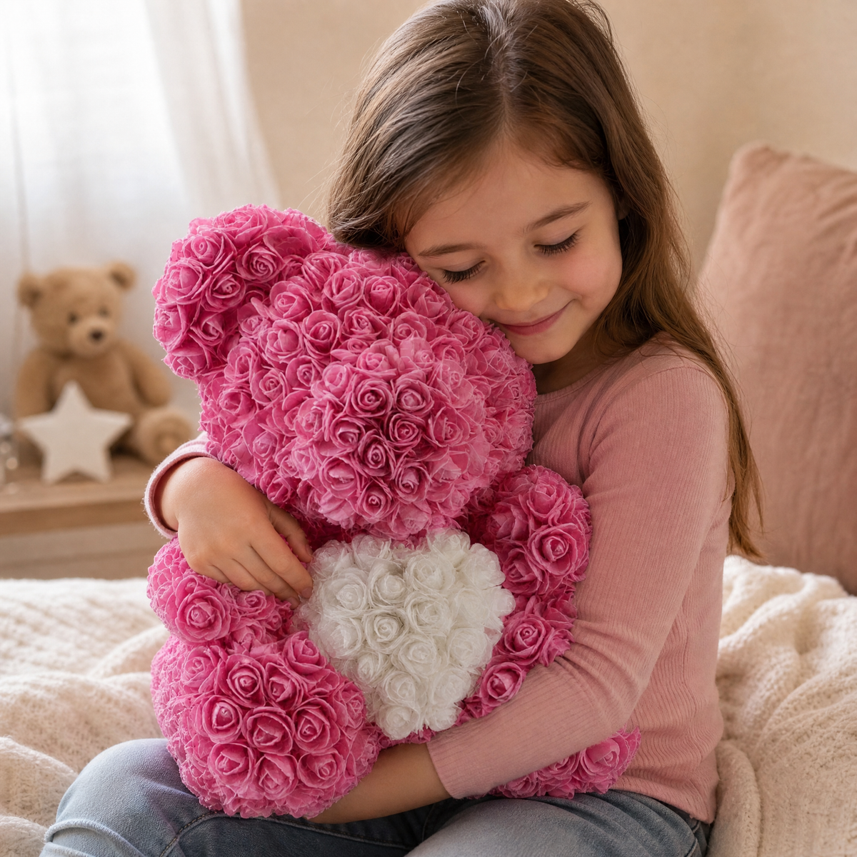 Rosenbär Rosa mit weißem Herz 40 cm