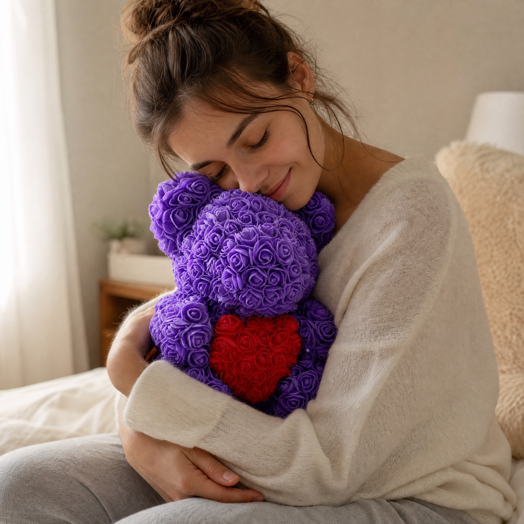 Rosenbär Violett mit rotem Herz 40 cm