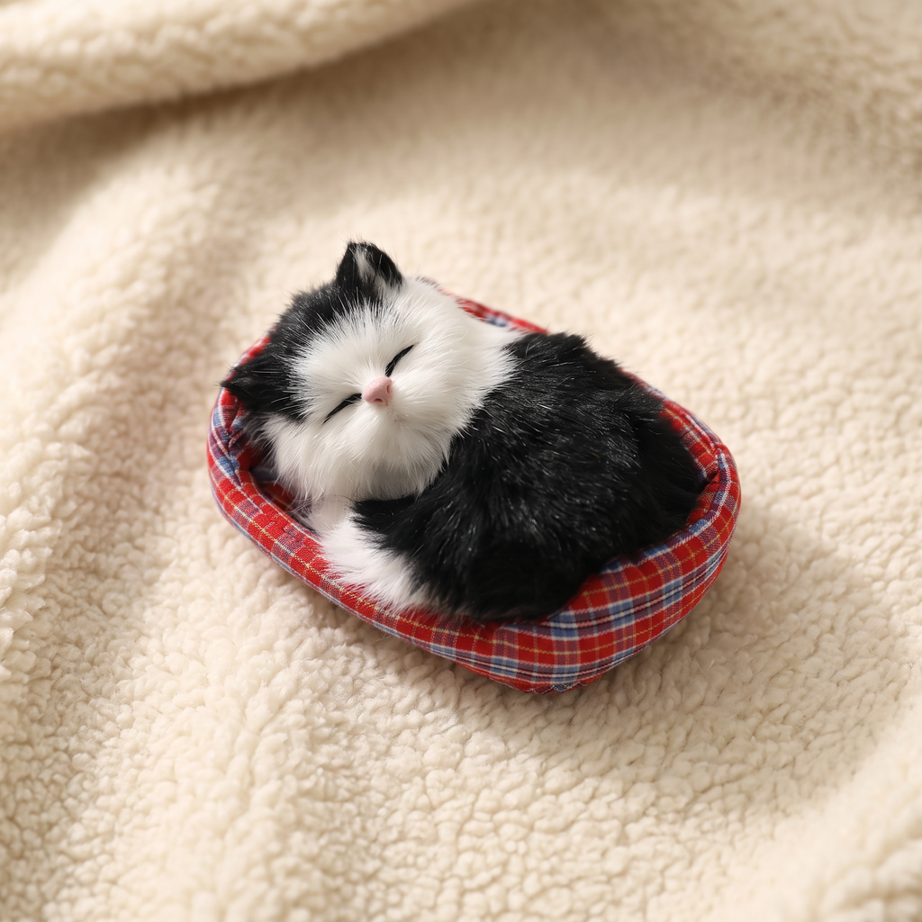 Schlafendes Katzen Kuscheltier im Körbchen 13 cm