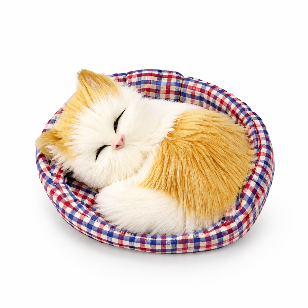 Schlafendes Katzen Kuscheltier im Körbchen 13 cm