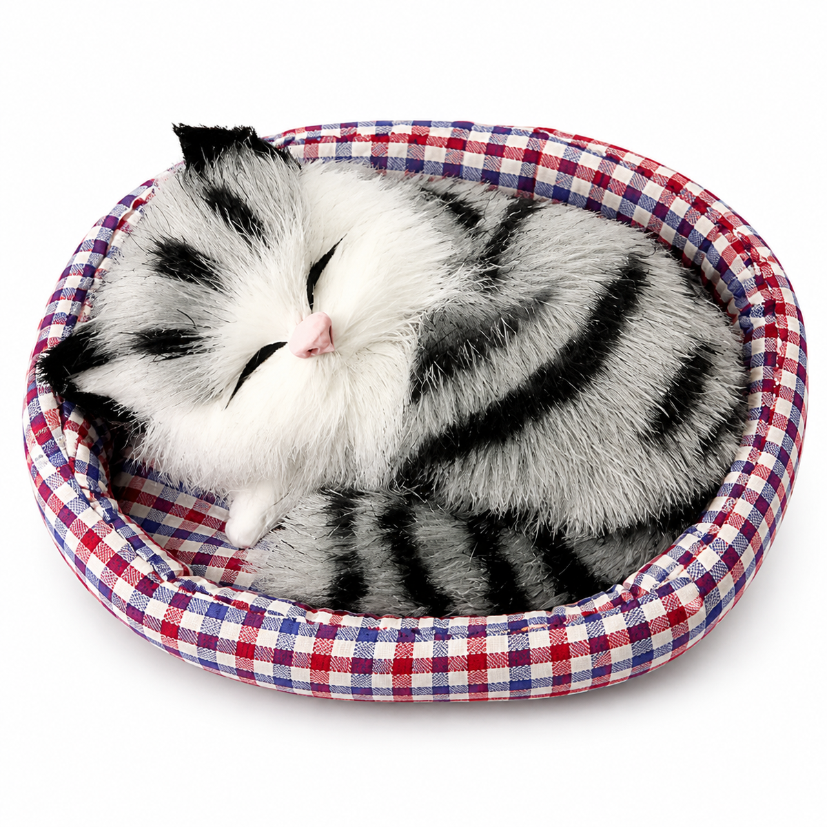 Schlafendes Katzen Kuscheltier im Körbchen 13 cm