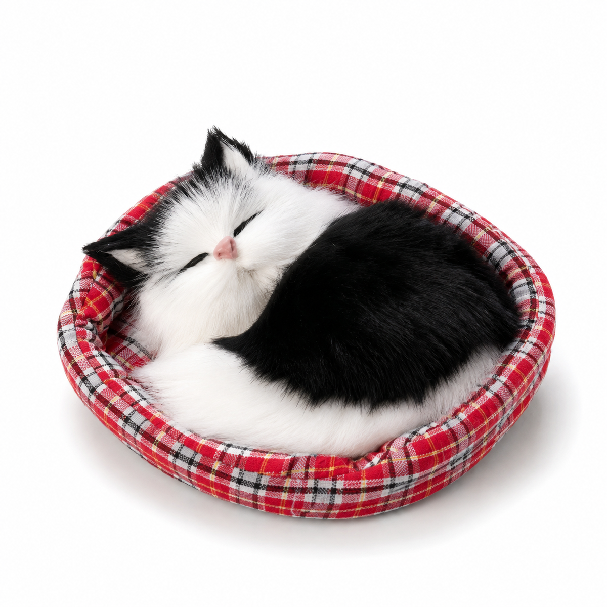 Schlafendes Katzen Kuscheltier im Körbchen 13 cm
