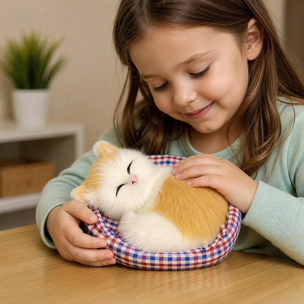 Schlafendes Katzen Kuscheltier im Körbchen 13 cm