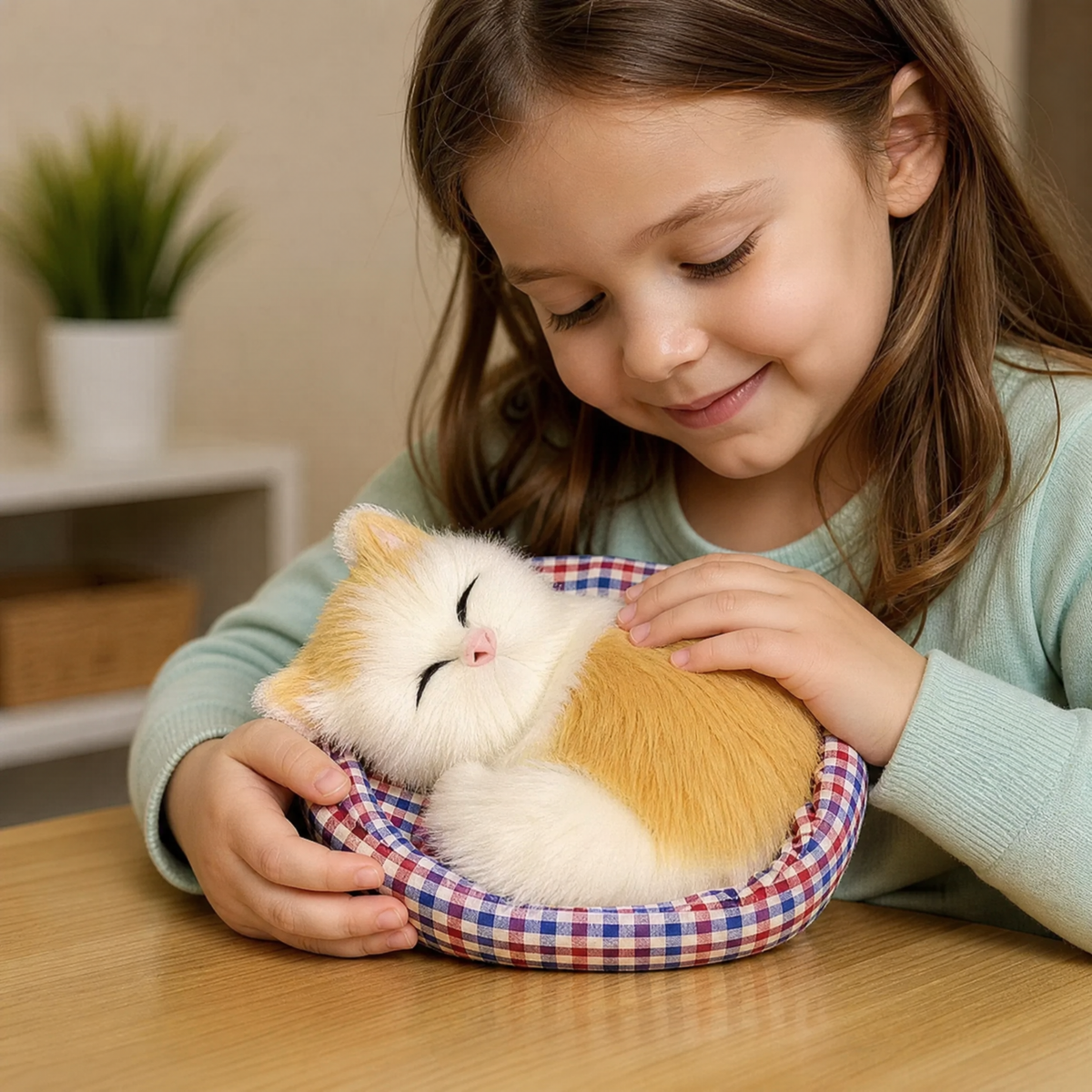 Schlafendes Katzen Kuscheltier im Körbchen 13 cm