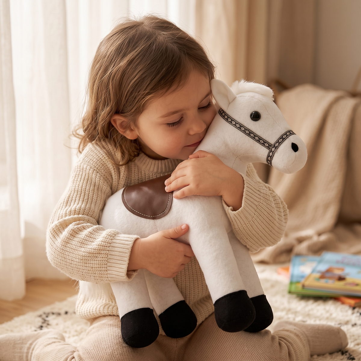 Weißes Pferde Kuscheltier mit Sattel 35 cm