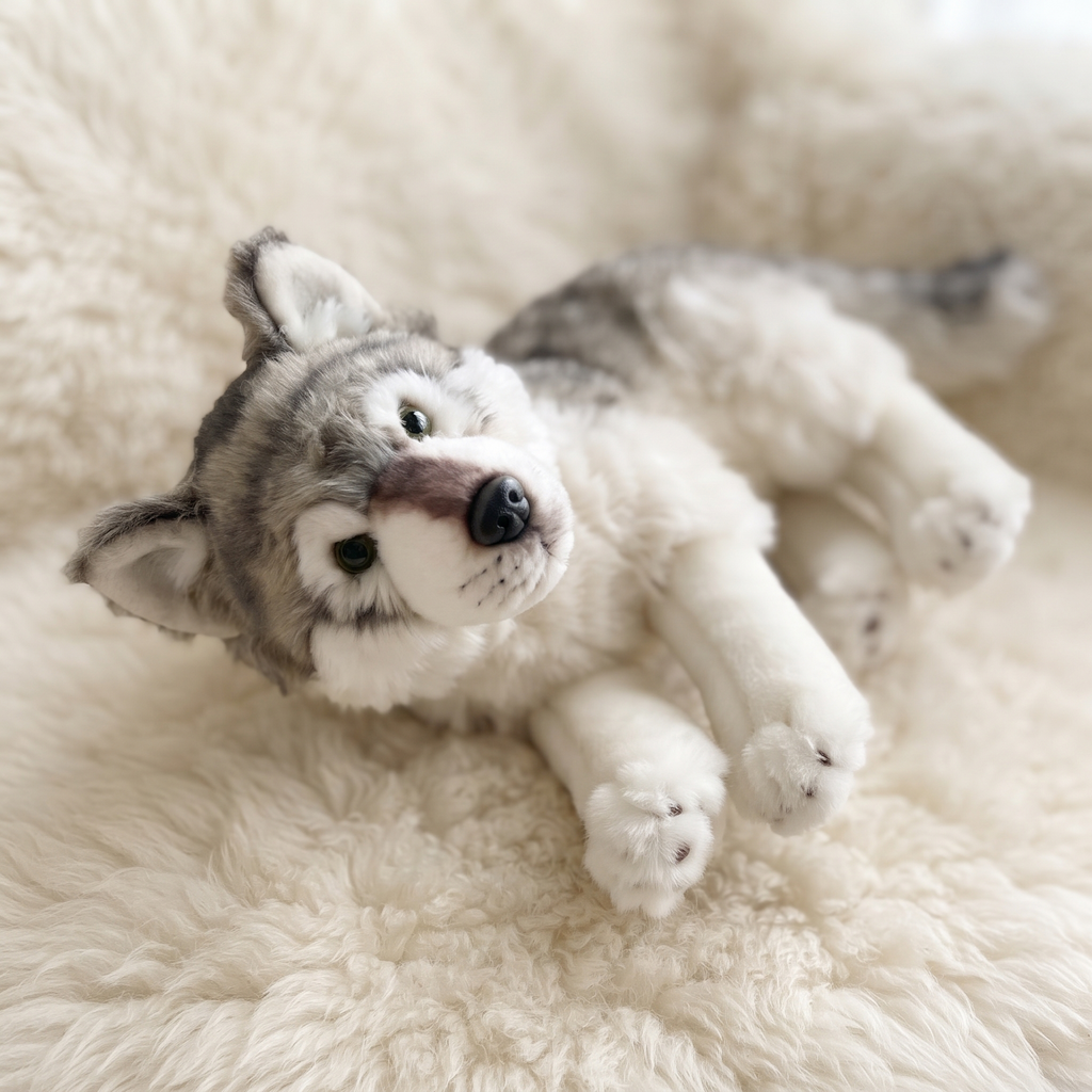 Realistisches sitzendes Wolf Kuscheltier 27 cm