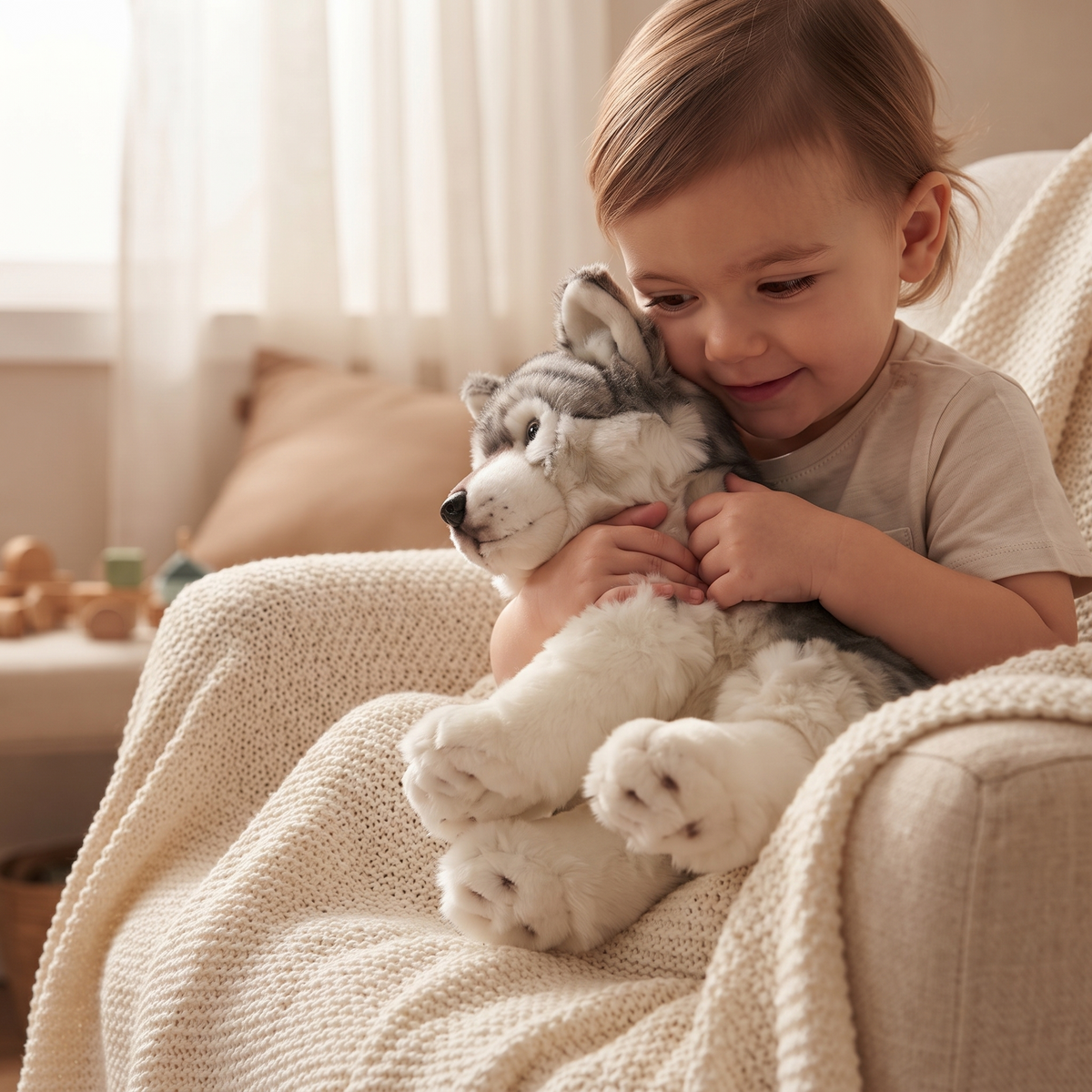 Realistisches sitzendes Wolf Kuscheltier 27 cm