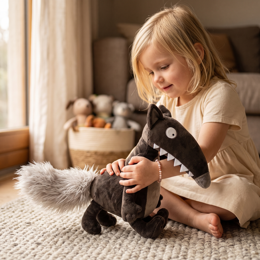 Cartoon Wolf Kuscheltier mit großen Zähnen 28 cm