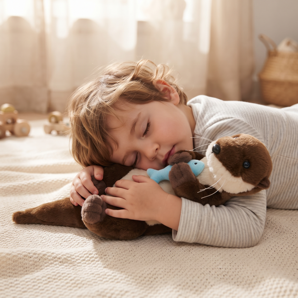 Liegendes Otter Kuscheltier mit Fisch 30 cm