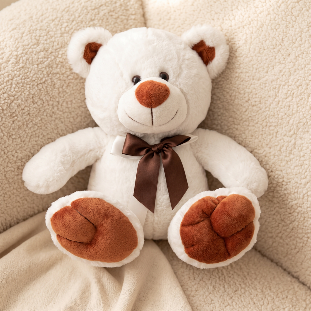 Weißer Teddybär mit brauner Schleife 33 cm