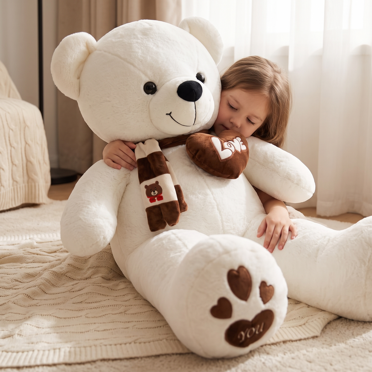 Riesen-Teddybär Weiß mit Love-Herz 80–100 cm