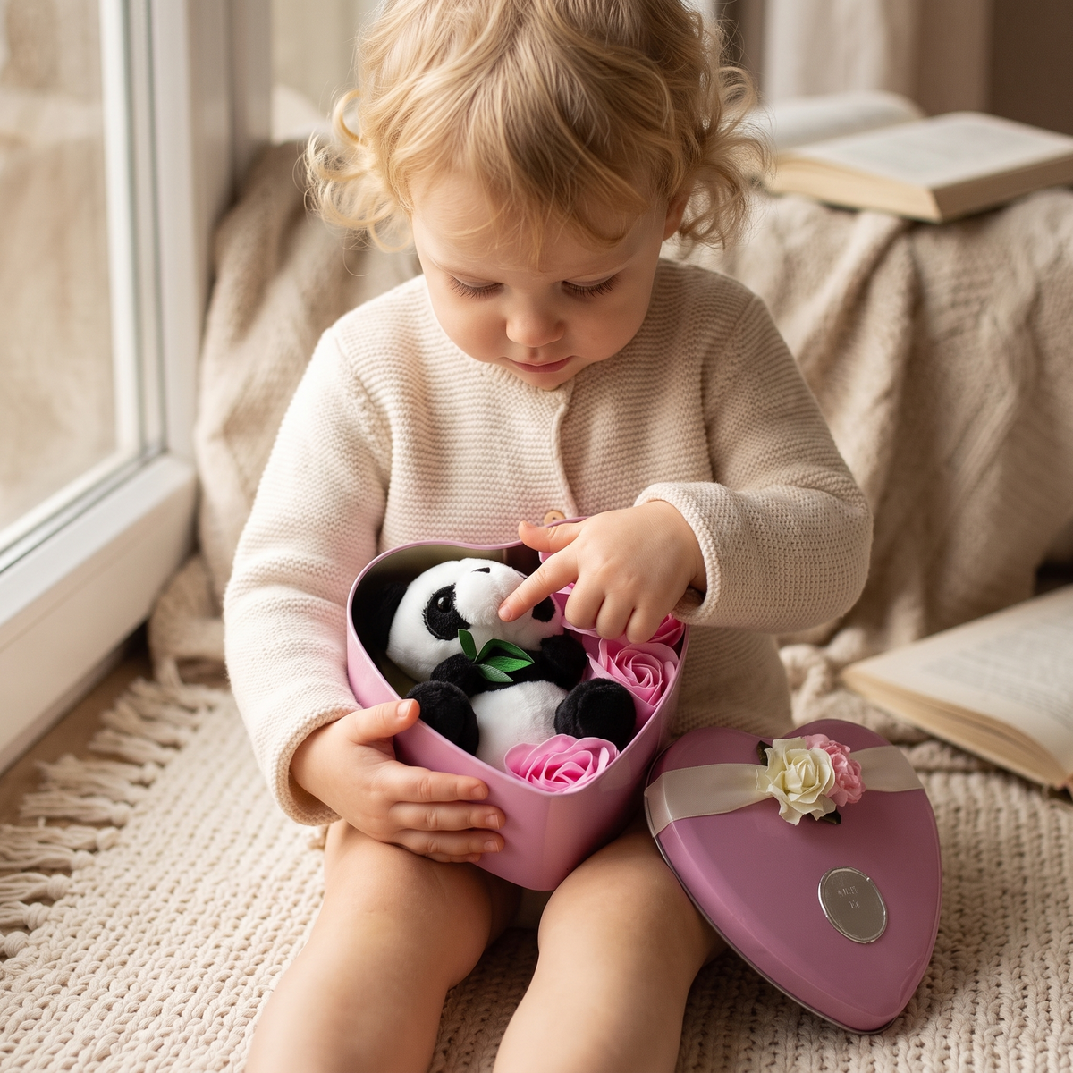 Panda Herzbox mit Stoffrosen 8 cm