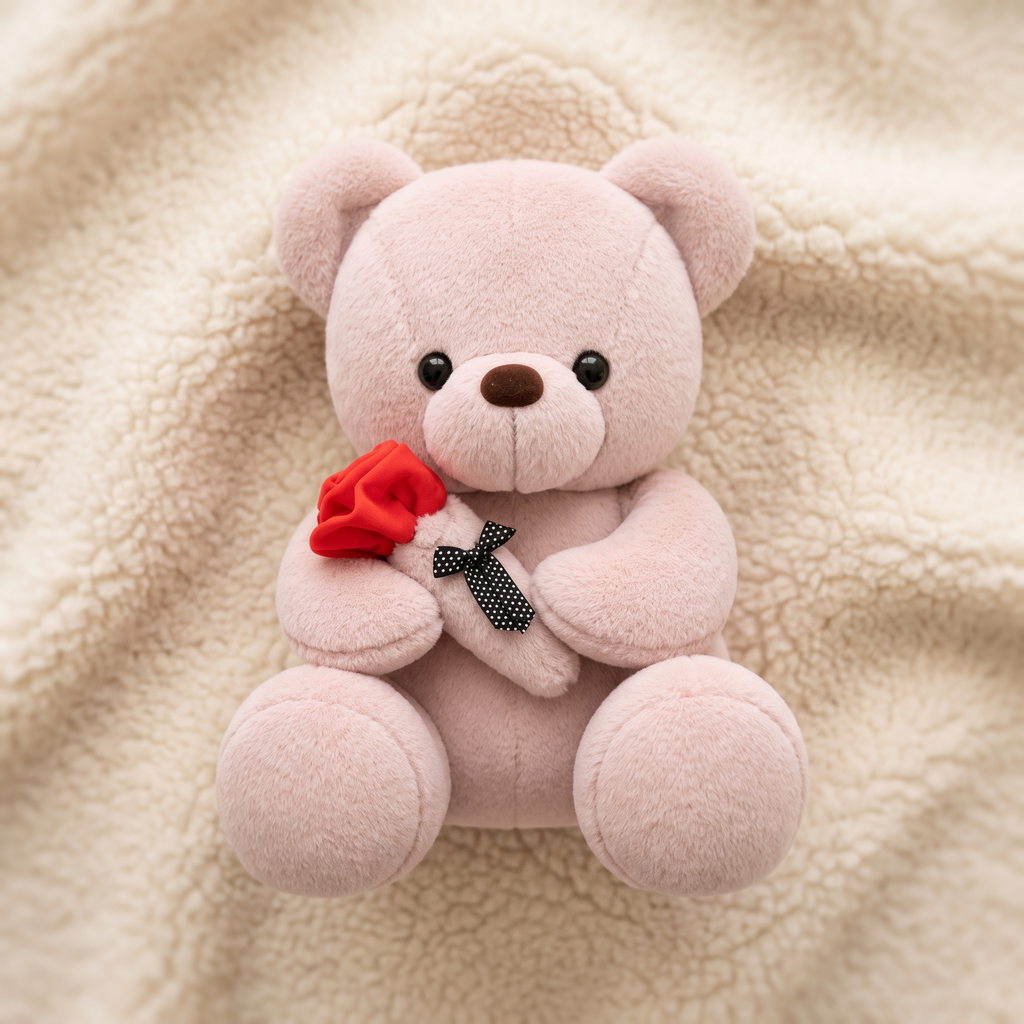 Rosa Teddybär mit roter Rose